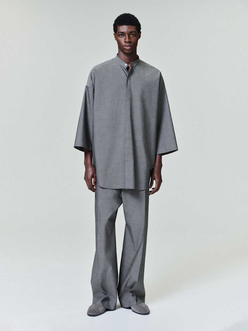 Essentials Cotton Wool Oxford Mandarin Relaxed Short Sleeve Shirt Willow