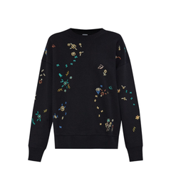 Black Multicoloured Floral Embroidery Crew Neck Long Sleeves Ribbed Cuffs and Hem Relaxed Fit
