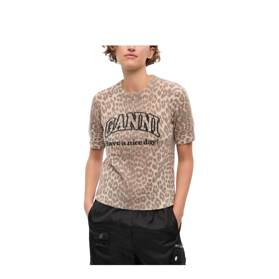 Beige Crew Neck Shorts Sleeves Leopard Print Ribbed Trim