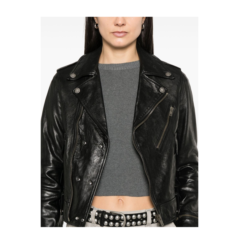 Shiny Black Sheepskin Biker Jacket with Sturdy Zip