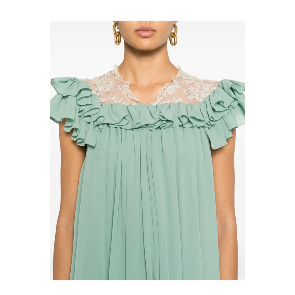 Shorts-sleeve mini dress in silk georgette & lace