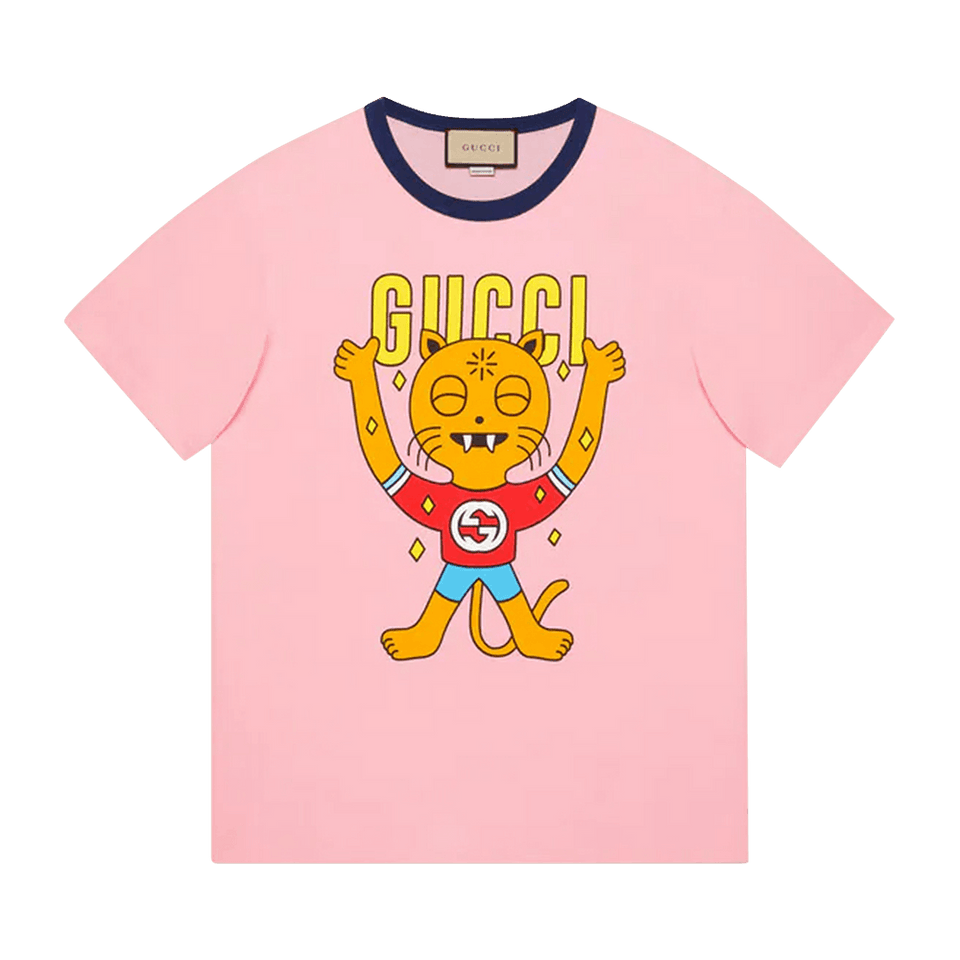 Gucci Cat Print Cotton T-Shirt Pink
