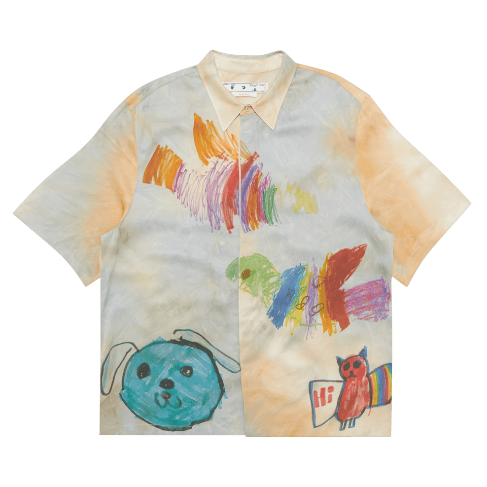Off-White Cartoon Satin Shorts-Sleeve Shirt Beige/Multicolor