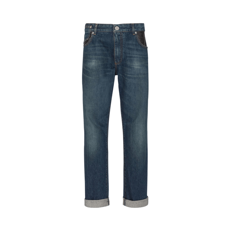 Balmain Leather Pocket Regular Denim Pants Blue
