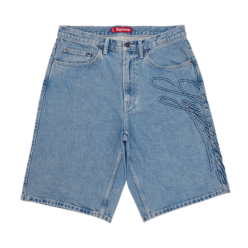 Supreme Script Baggy Denim Shorts Washed Indigo