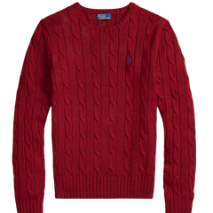 Women Red Cable-Knit Cotton Crewneck Sweater