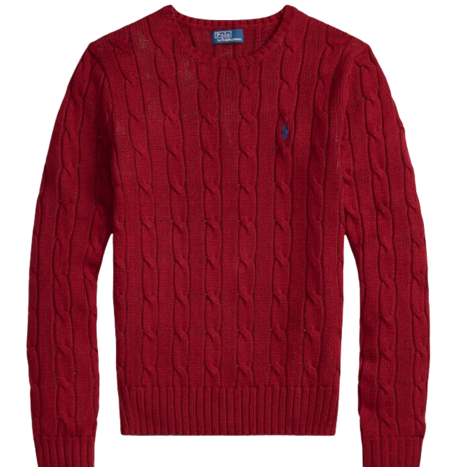 Women Red Cable-Knit Cotton Crewneck Sweater