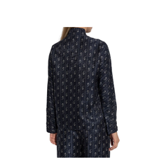 Navy Blue Paisley Print Button Fastening Mandarin Collar Long Sleeves