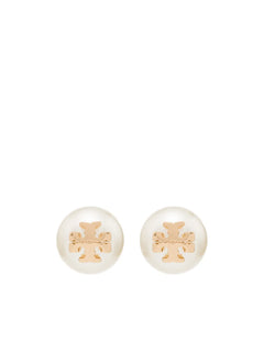 logo-plaque pearl stud earrings