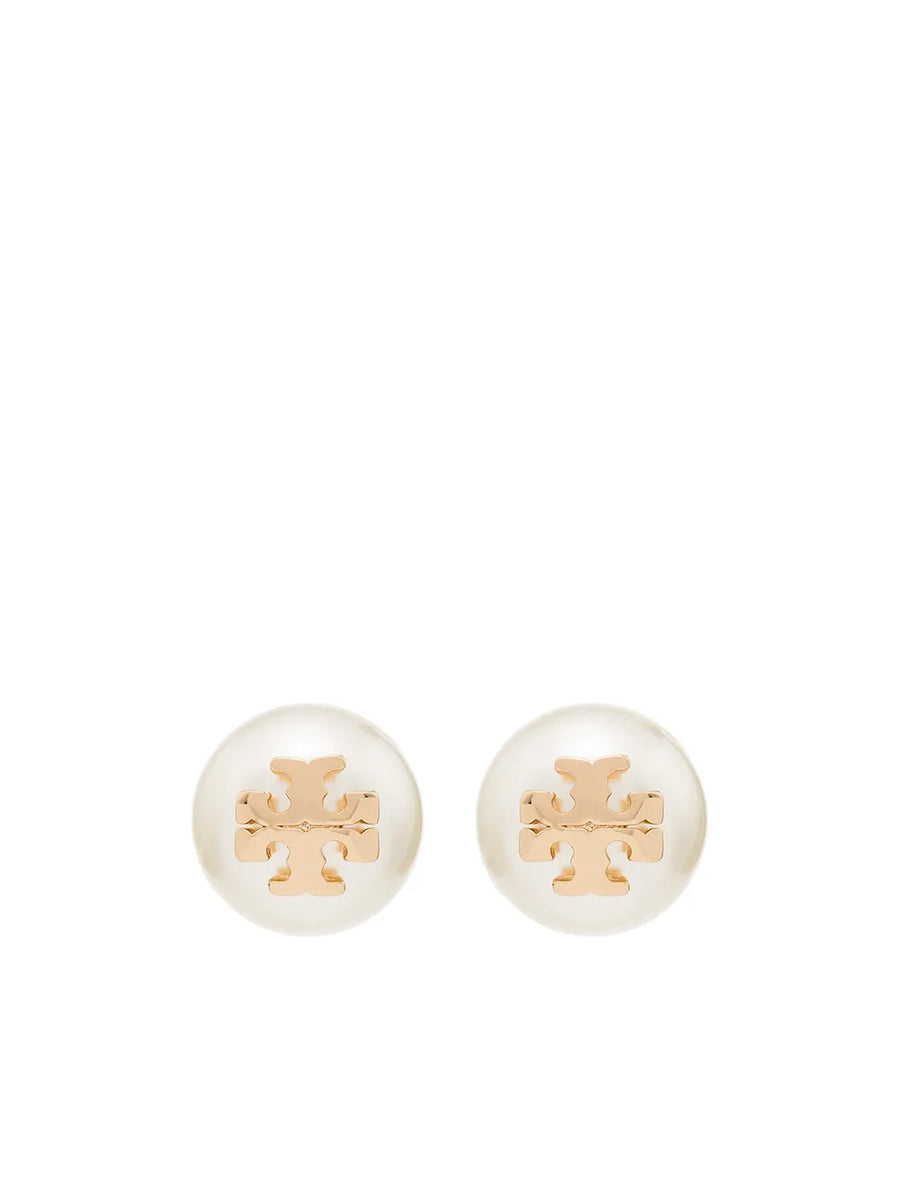logo-plaque pearl stud earrings