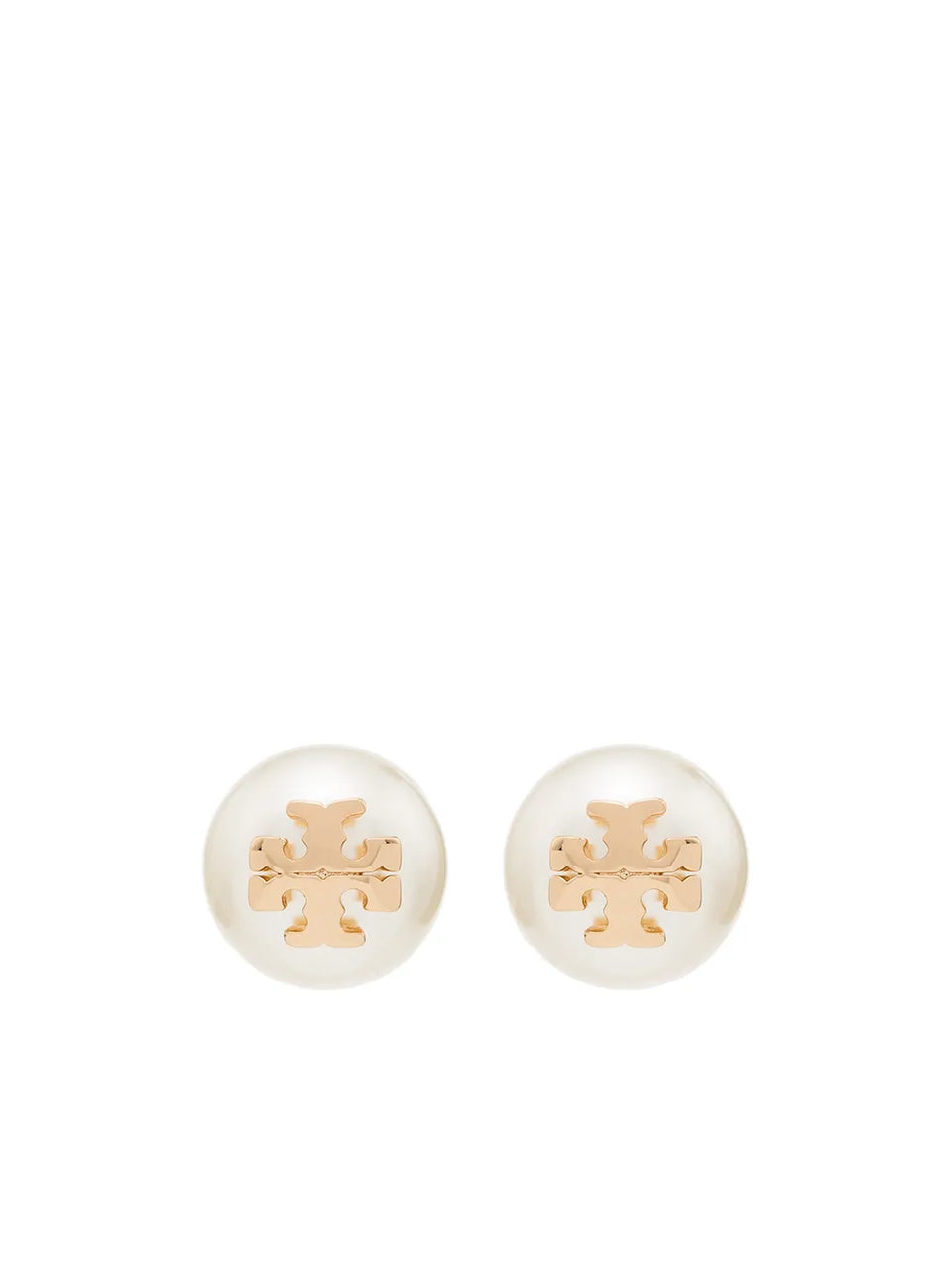 logo-plaque pearl stud earrings