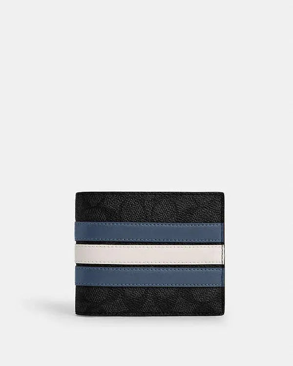 Coach 3 In 1 Wallet In Signature Canvas With Varsity Stripe Signature Canvas-Charcoal-Denim-Chalk