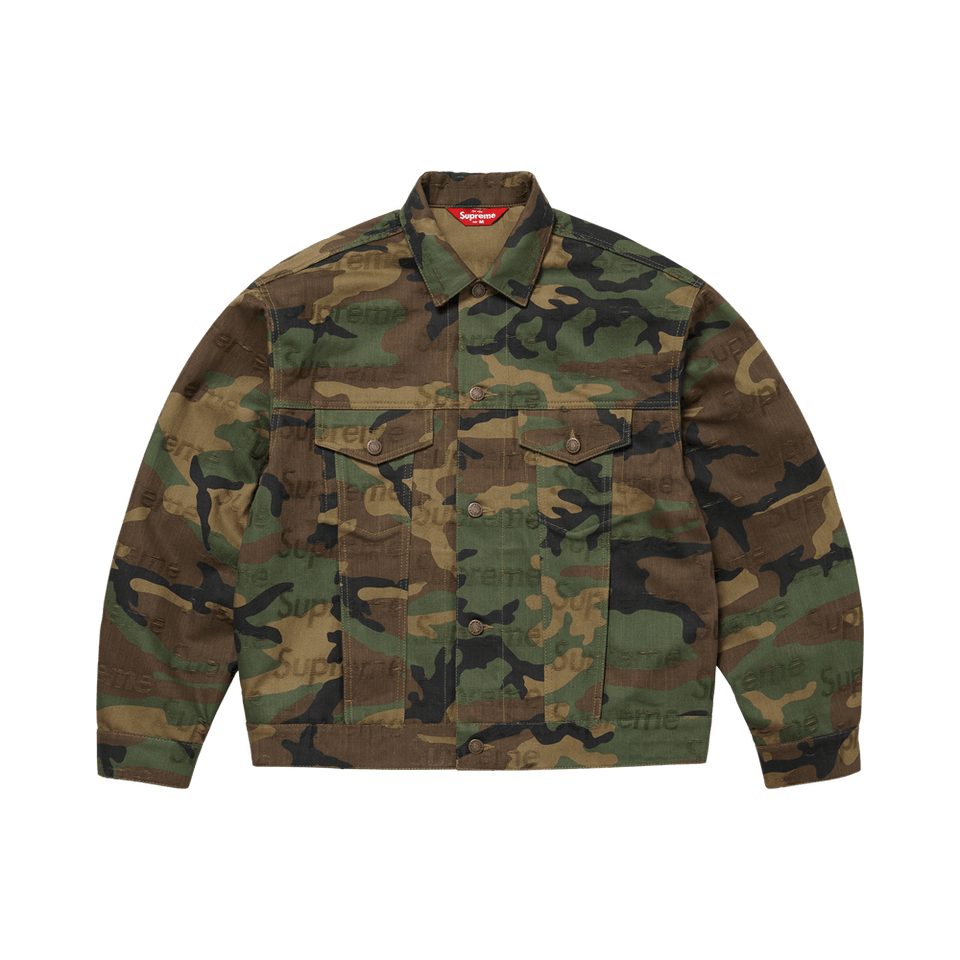 Supreme Jacquard Logos Denim Trucker Jacket Woodland Camo