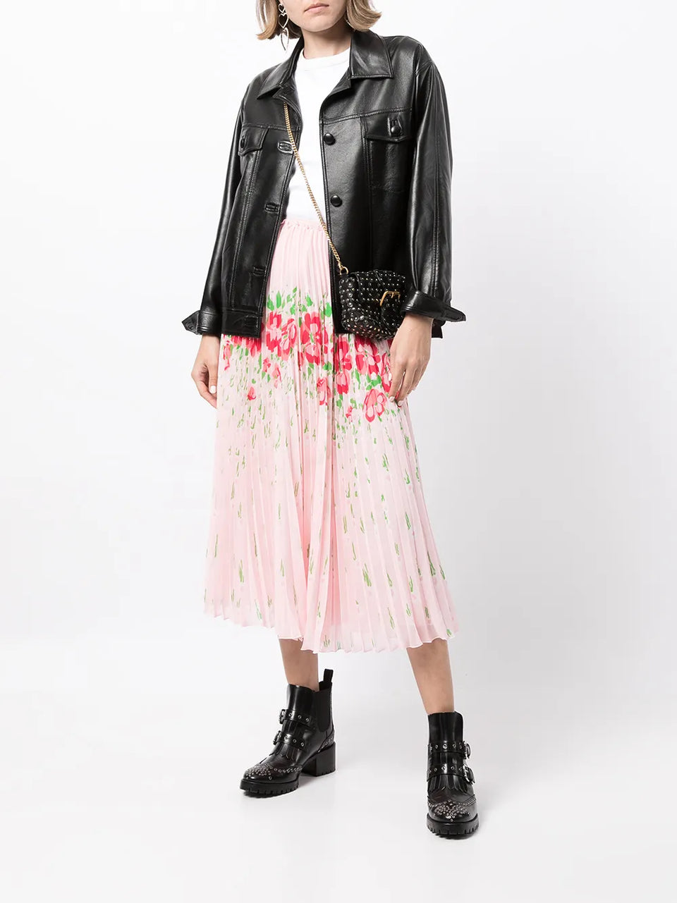 floral-print pleated midi skirt