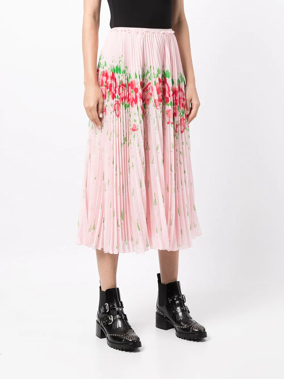 floral-print pleated midi skirt