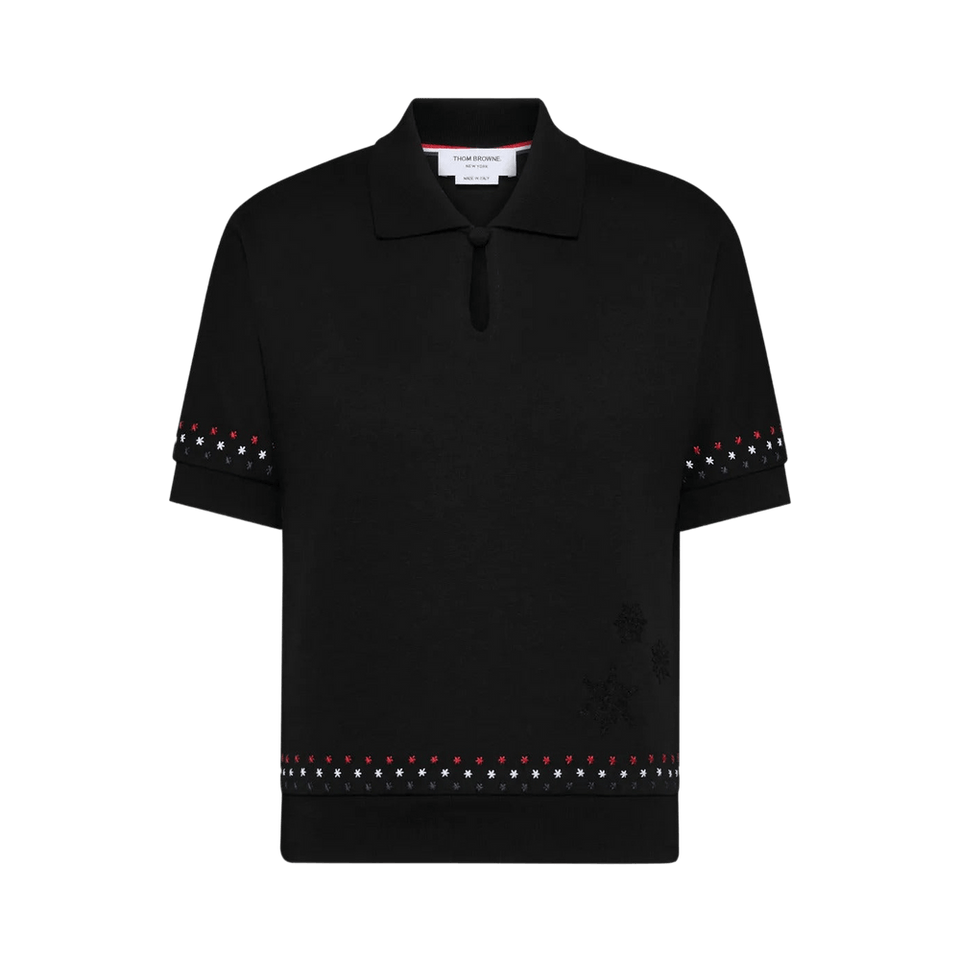 Thom Browne Stars & Snowflake Embroidery Polo Shirt Black