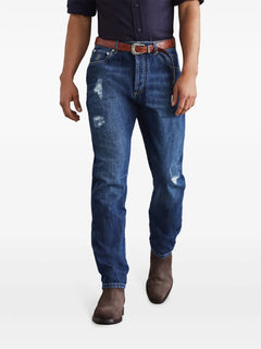 distressed-finish straight-leg jeans