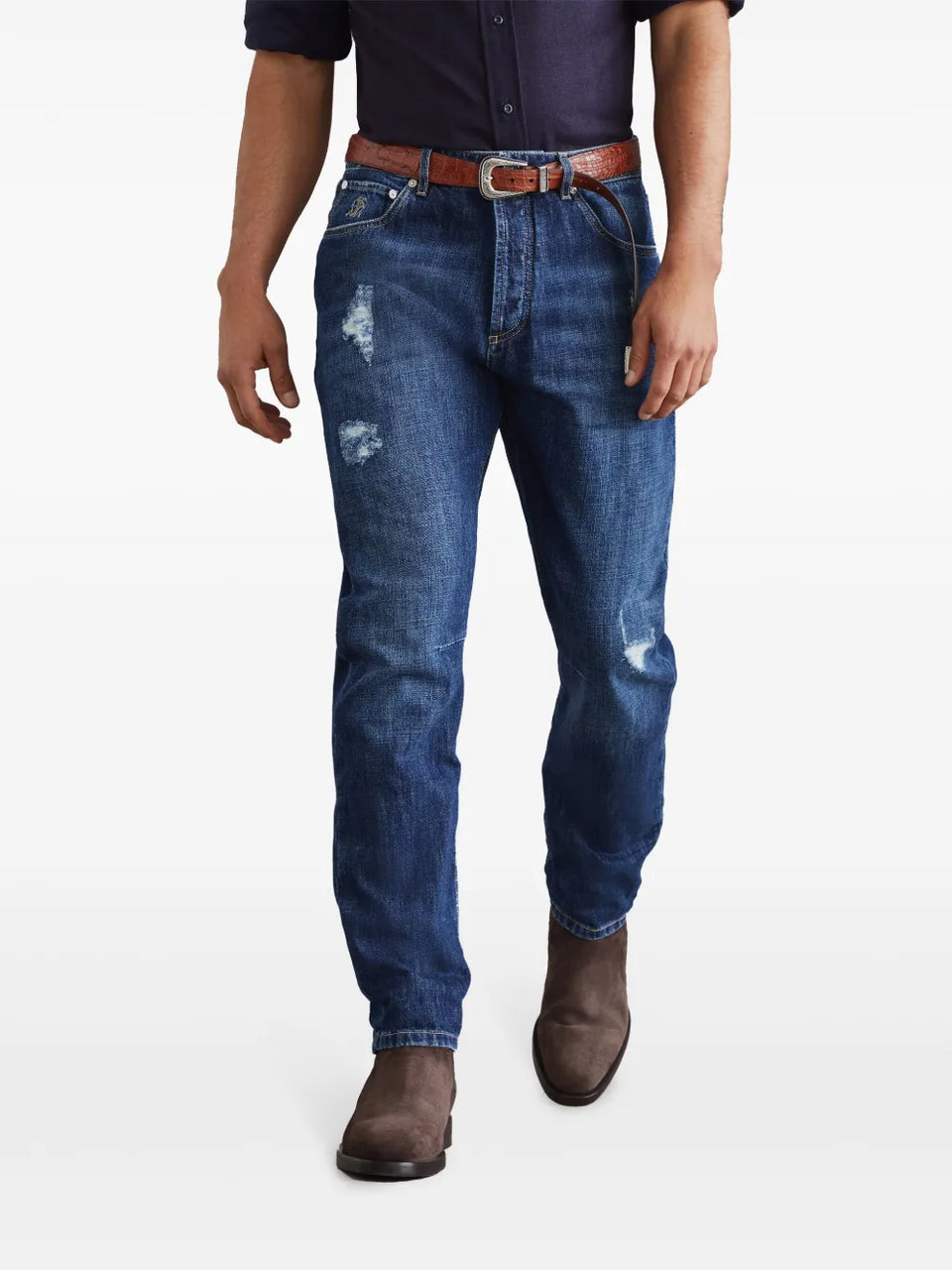 distressed-finish straight-leg jeans