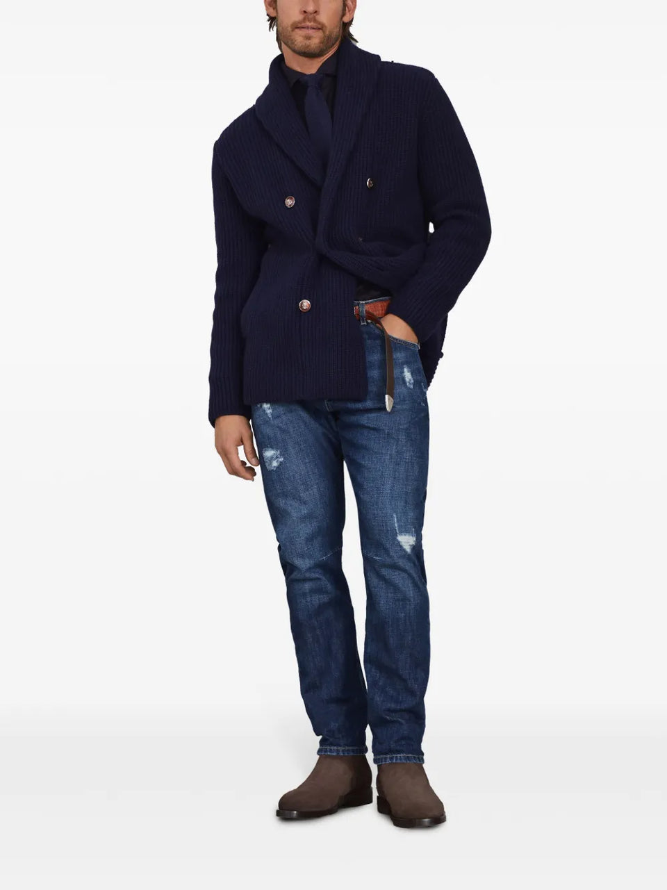 distressed-finish straight-leg jeans