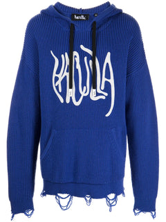 logo-print distressed knitted Hoodie