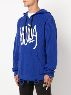 logo-print distressed knitted Hoodie