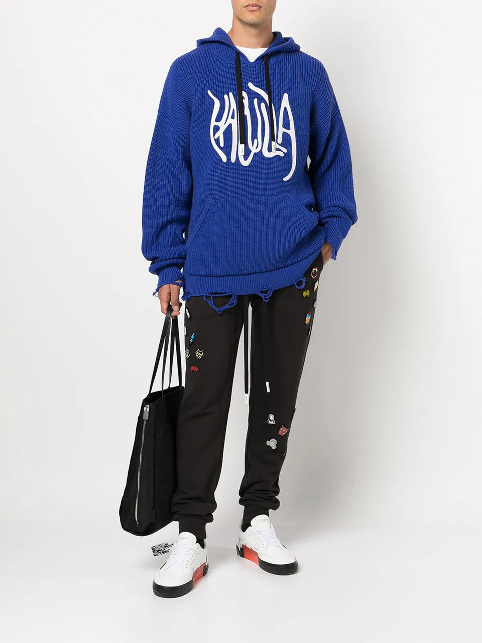 logo-print distressed knitted Hoodie