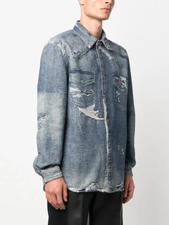 distressed long-sleeve denim shirt