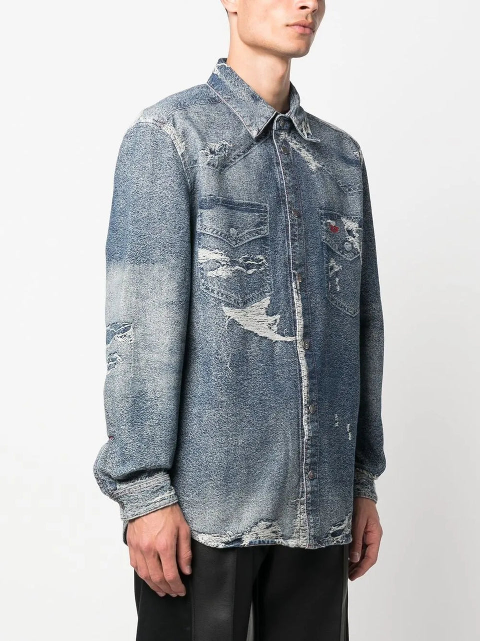 distressed long-sleeve denim shirt