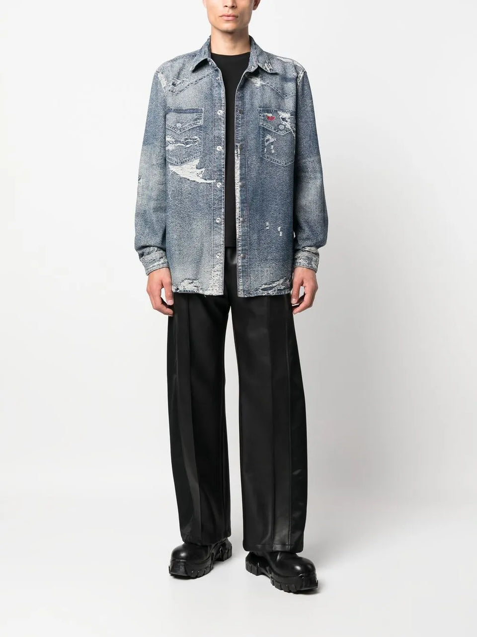 distressed long-sleeve denim shirt