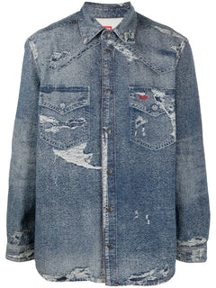 distressed long-sleeve denim shirt