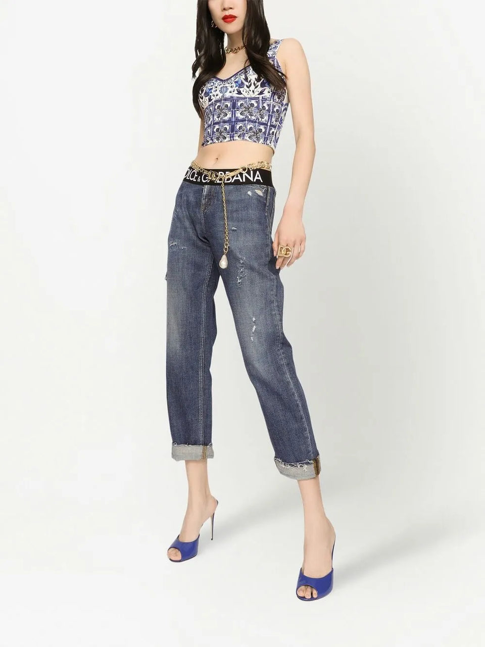 Majolica-print corset top