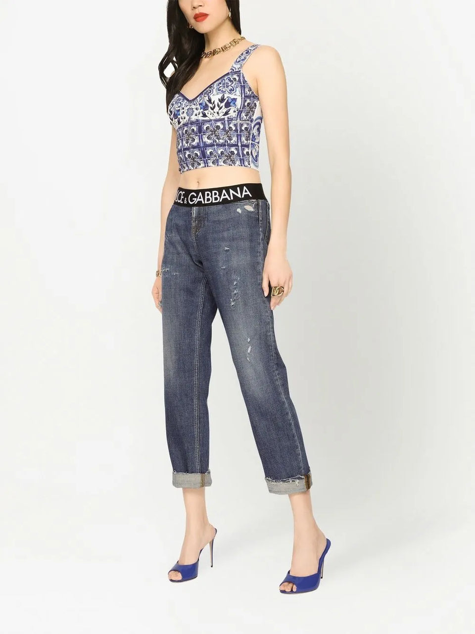 Majolica-print corset top