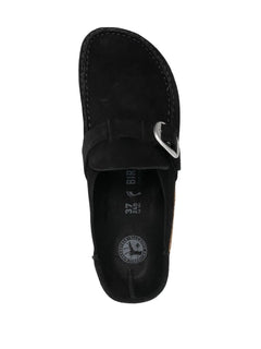closed-toe suede mules