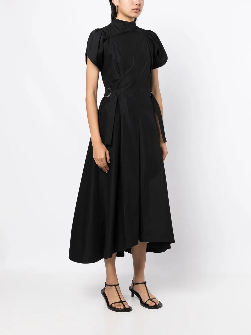 high-neck flared midi dress