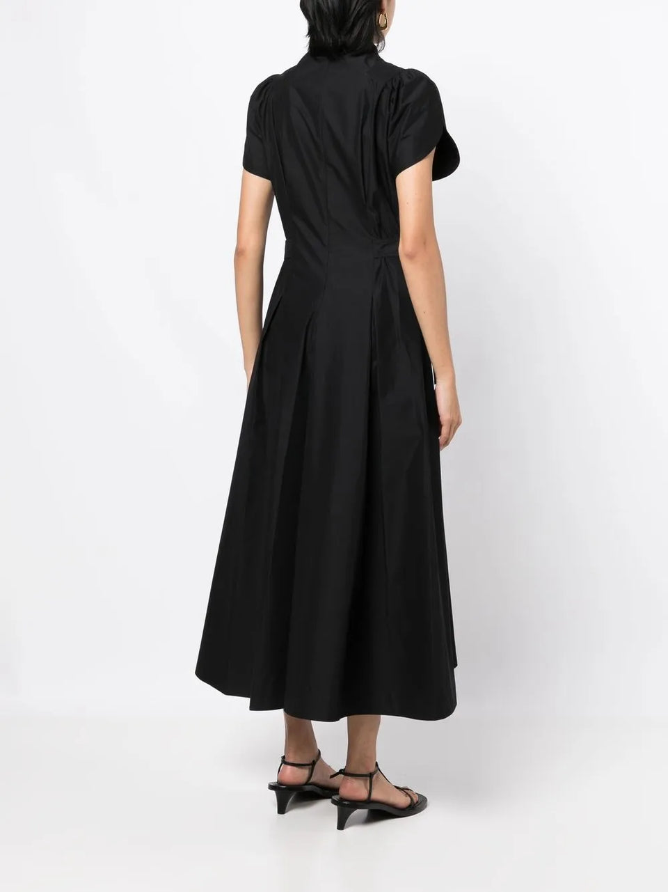 high-neck flared midi dress