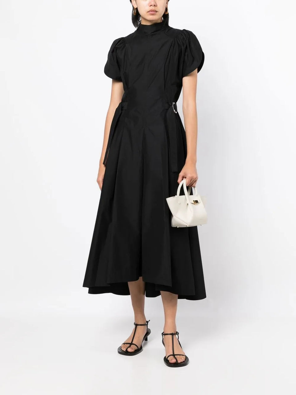 high-neck flared midi dress