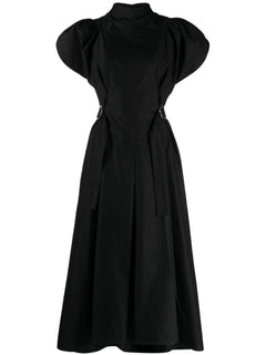 high-neck flared midi dress