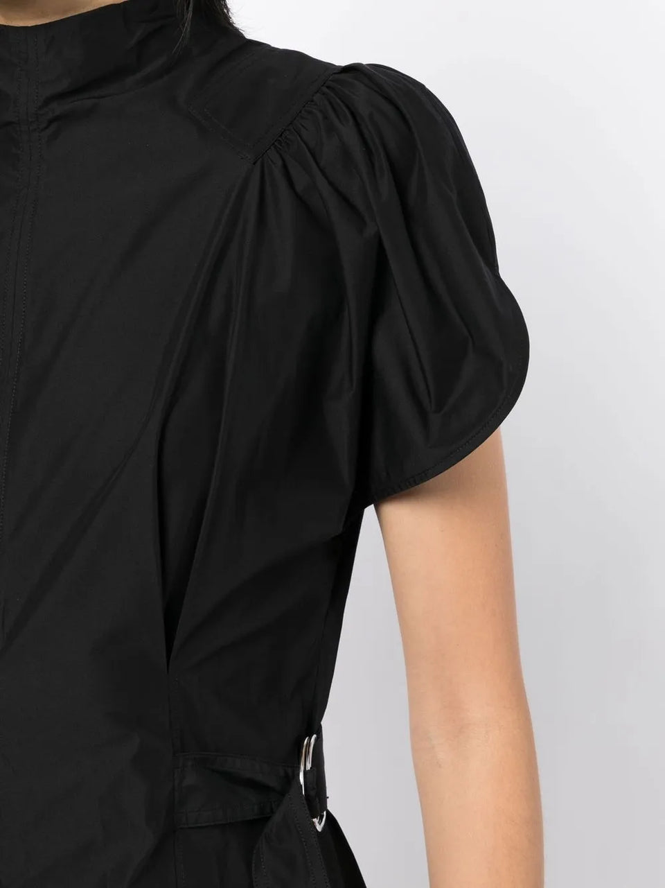 high-neck flared midi dress