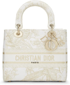 Pre-Loved White &amp; Gold Embroidered Canvas Lady D-Lite Medium, White