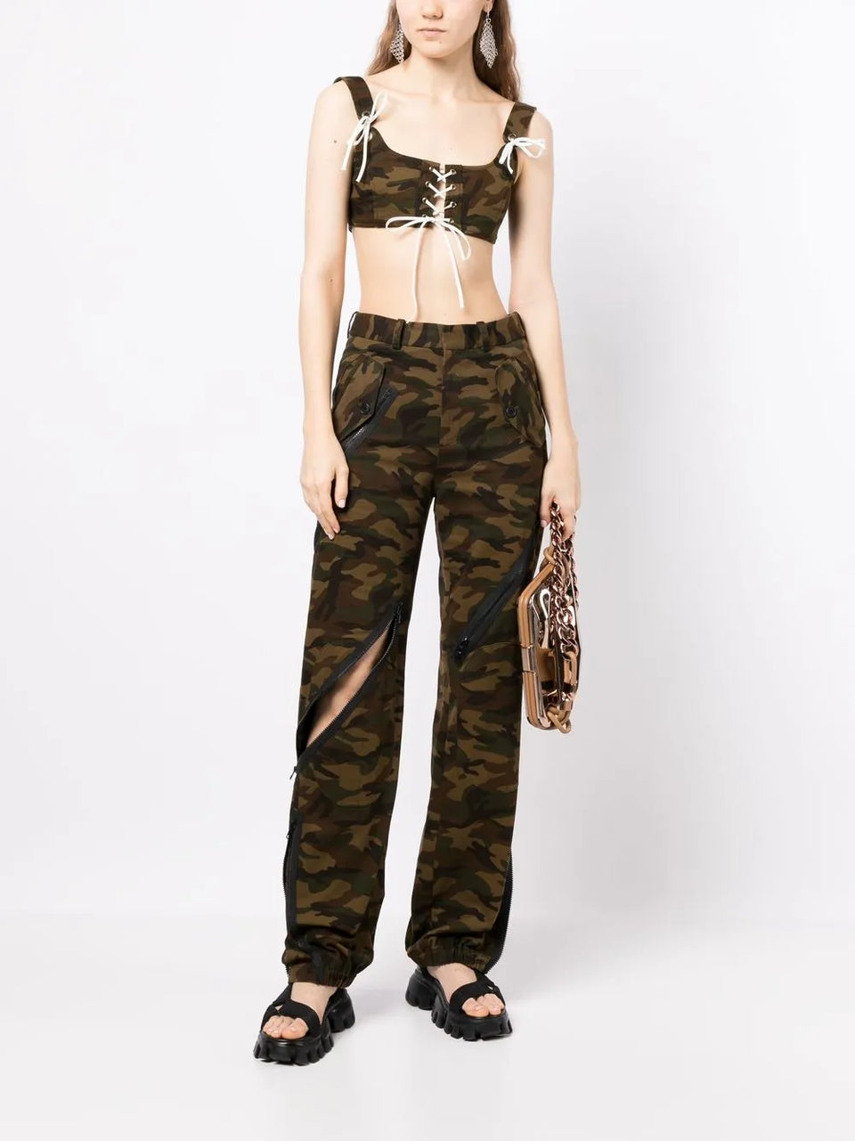 camouflage zip-detail trousers
