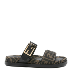 Black FF-Logo Pattern Double Strap Design Buckle Detail Flat Sole Leather Trim
