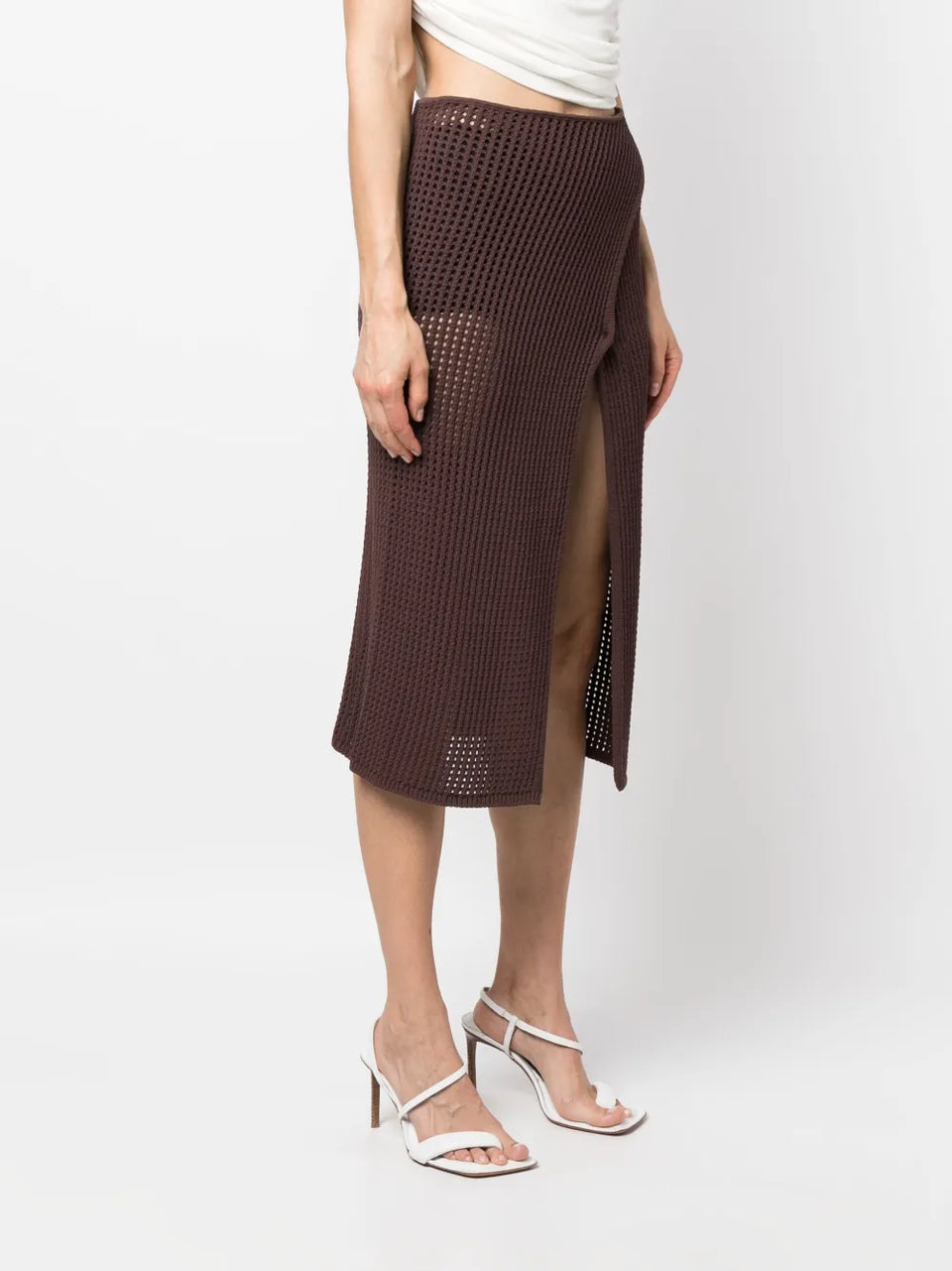 front-slit crochet-knit midi skirt