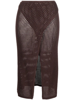 front-slit crochet-knit midi skirt