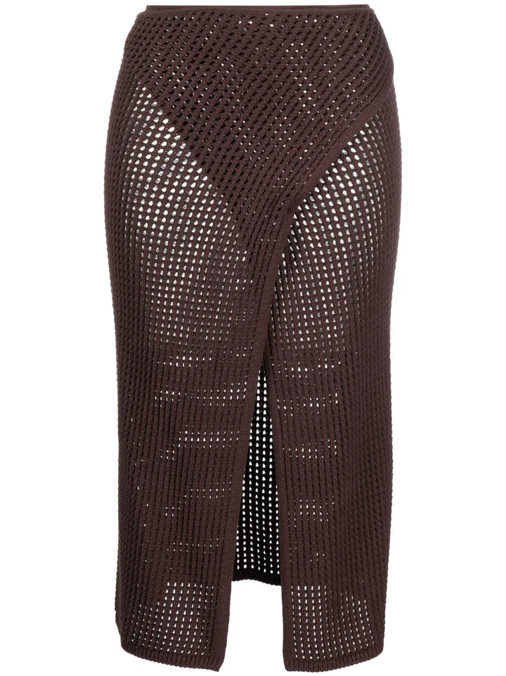 front-slit crochet-knit midi skirt