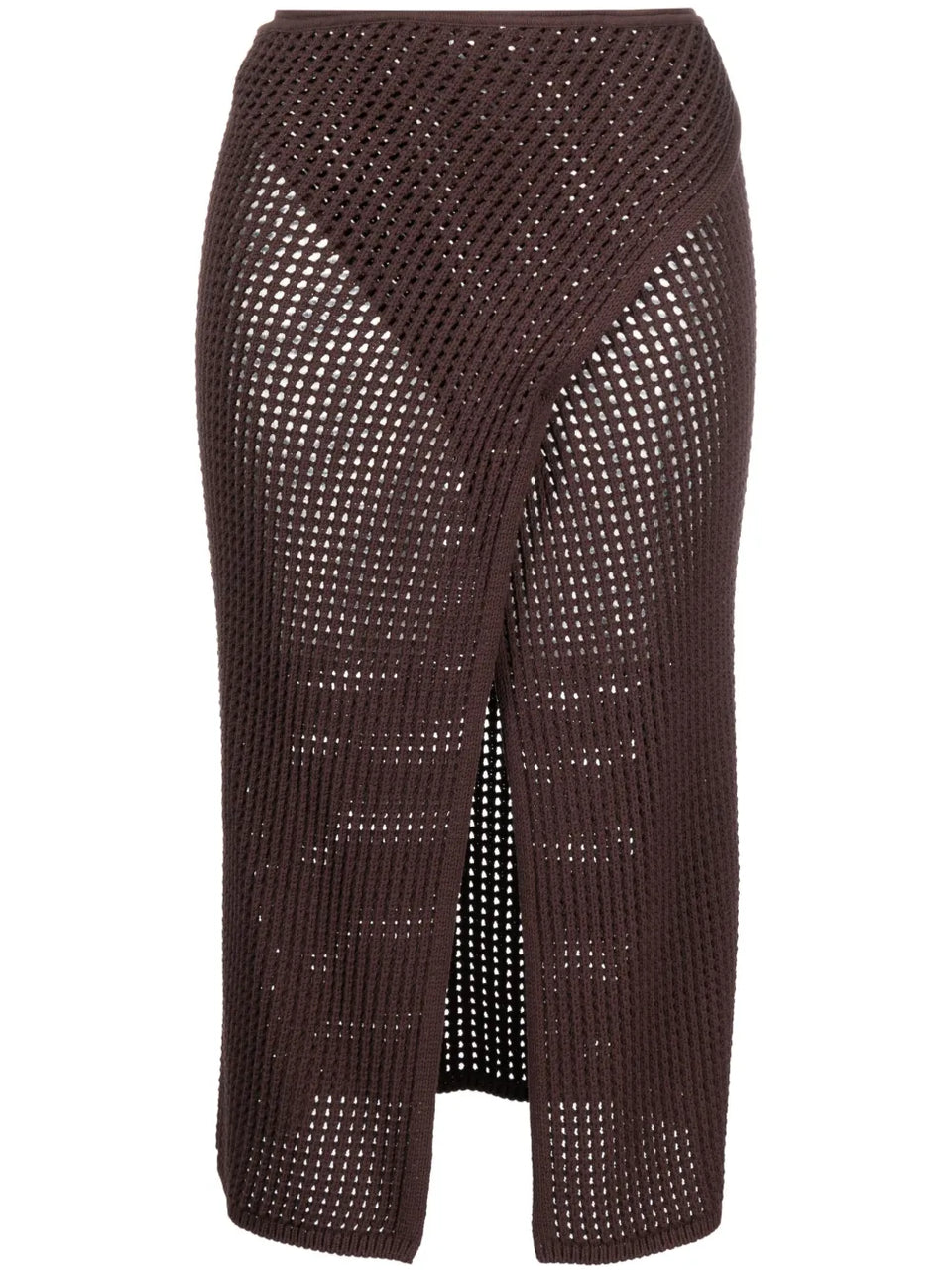 front-slit crochet-knit midi skirt