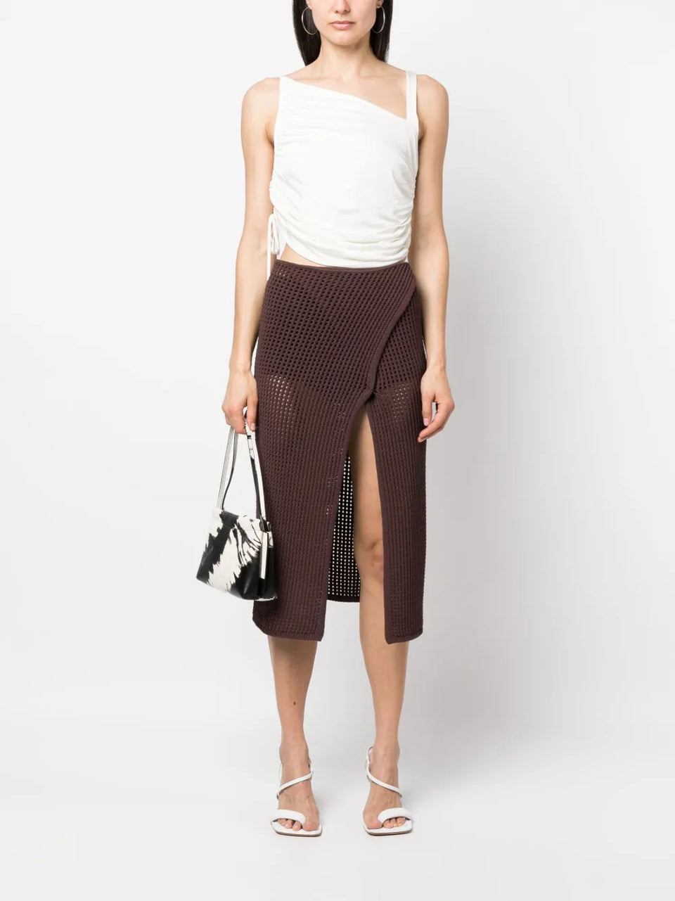 front-slit crochet-knit midi skirt