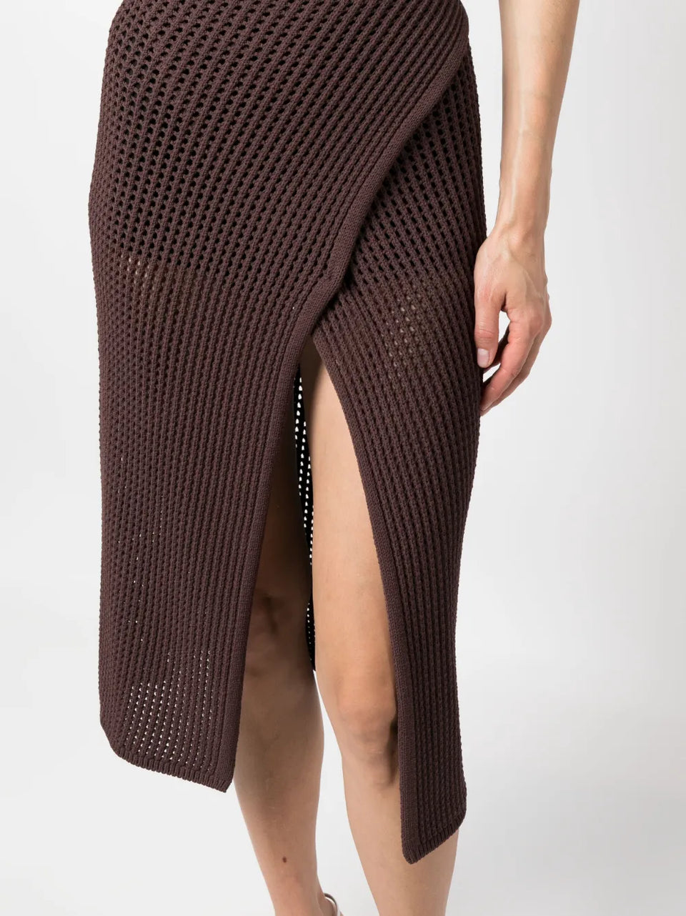 front-slit crochet-knit midi skirt