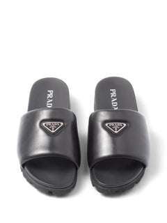 logo plaque brushed leather slides