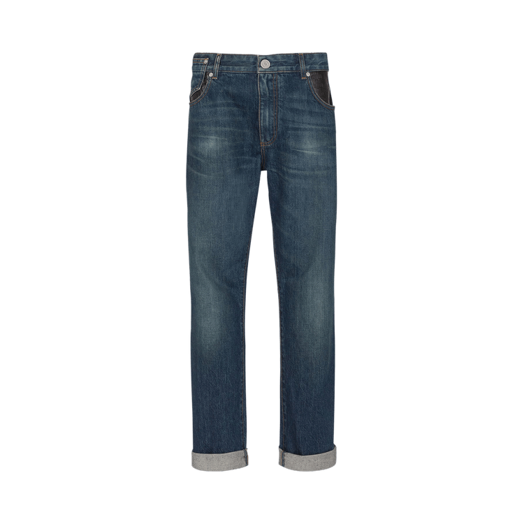 Balmain Leather Pocket Regular Denim Pants Blue