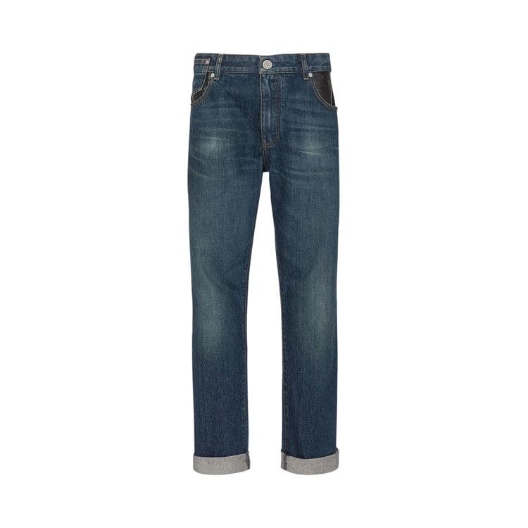 Balmain Leather Pocket Regular Denim Pants Blue